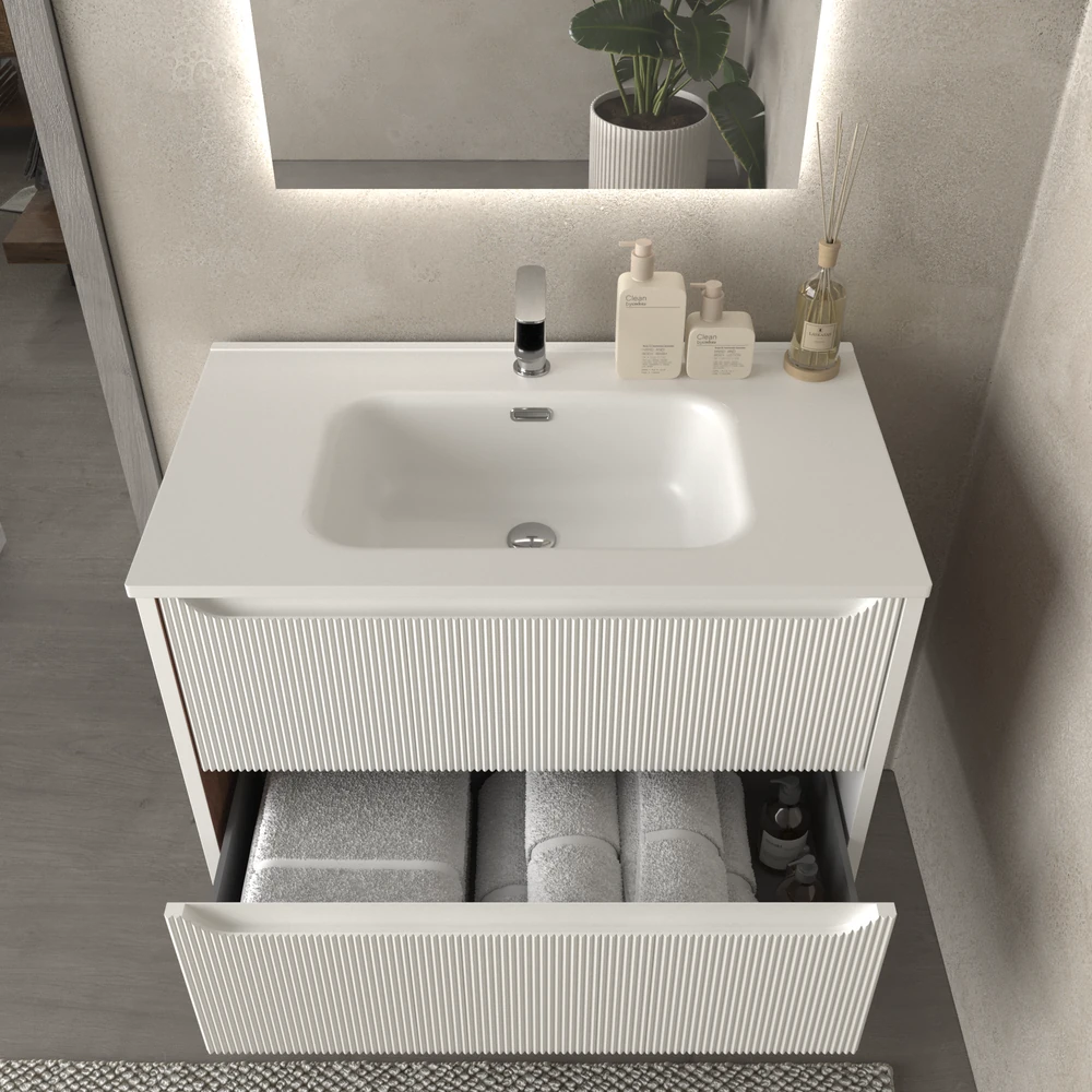Mueble de baño suspendido 2 cajones TOSCANA con lavabo porcelana acabado millerigue BLANCO - Imagen 4