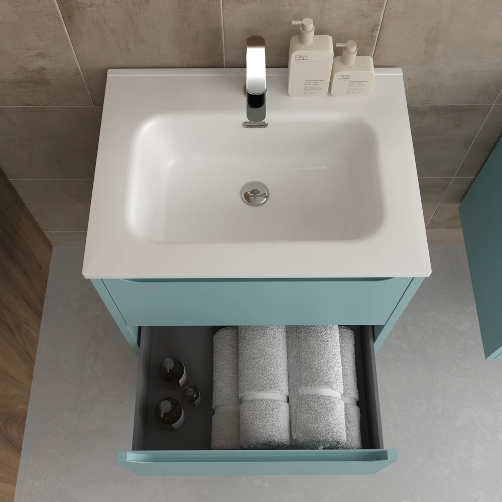 Mueble de baño suspendido 2 cajones TOSCANA con lavabo porcelana acabado TURQUESA - Imagen 3