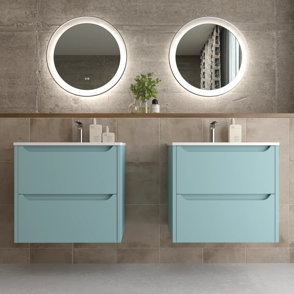 Mueble de baño suspendido 2 cajones TOSCANA con lavabo porcelana acabado TURQUESA