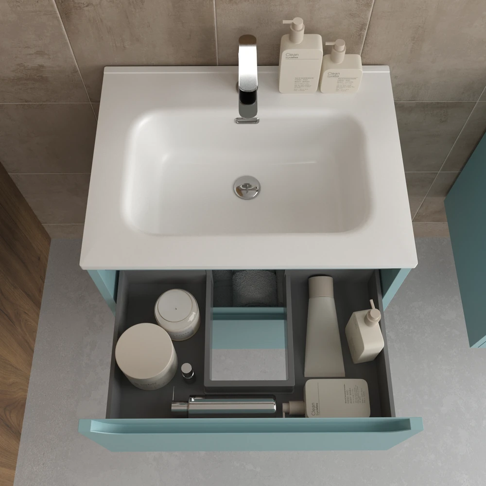 Mueble de baño suspendido 2 cajones TOSCANA con lavabo porcelana acabado TURQUESA - Imagen 4