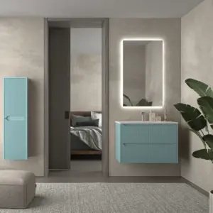 Mueble de baño suspendido 2 cajones TOSCANA  con lavabo porcelana acabado millerigue TURQUESA
