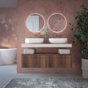 Mueble de baño suspendido 2 cajones BUDGET  con tapa y lavabos HORUS Solid Surface CASTAÑO