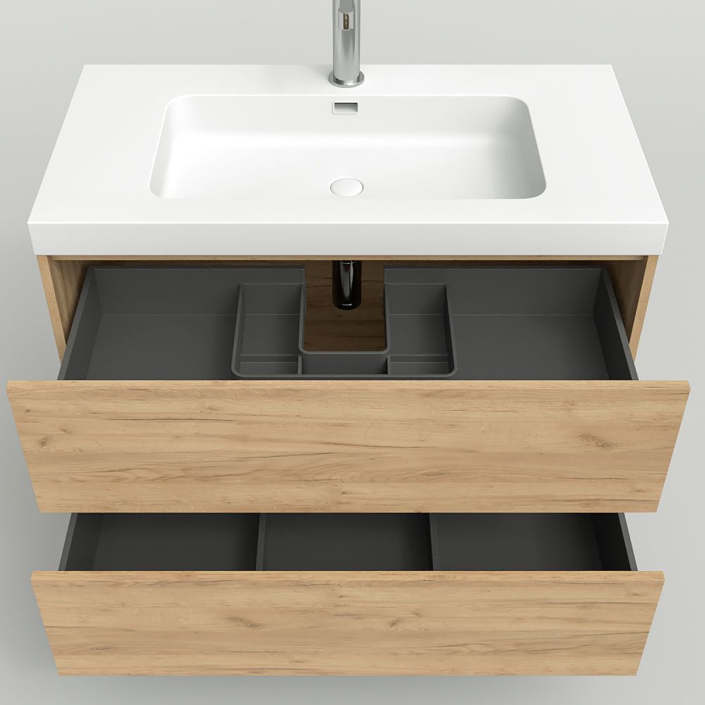 Mueble de baño suspendido 2 cajones CARMEN con lavabo resina acabado MUSTARD - Imagen 7