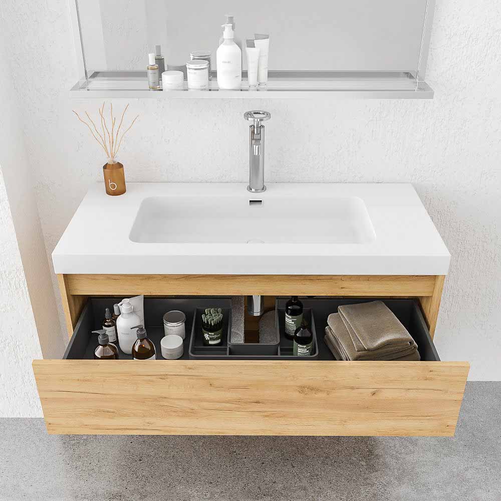 Mueble de baño suspendido 1 cajón / 1 hueco CARMEN con lavabo resina acabado ROBLE CLARO - Imagen 2