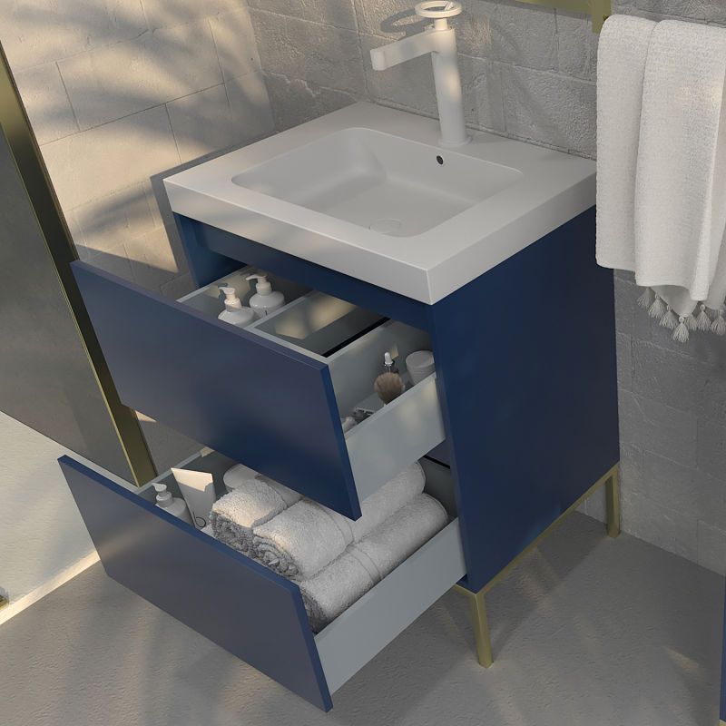 Mueble de baño EVO 2 cajones acabado mate AZUL COBALTO con lavabo resina 6 cm grosor - Imagen 3
