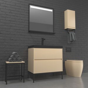 Mueble de baño 2 cajones acabado mate CREMA con lavabo resina 6 cm grosor