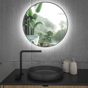 Espejo de baño ARES redondo con arenado pintado NEGRO con luz LED ambiental