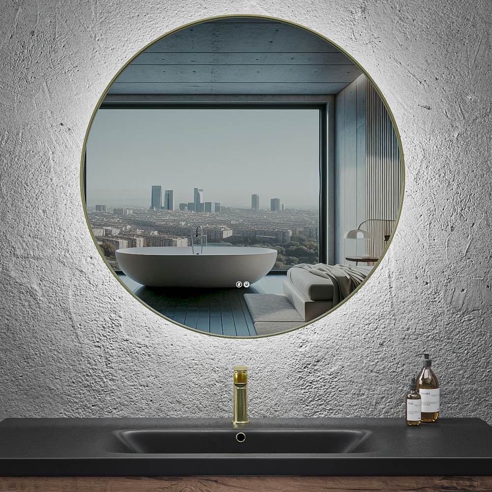 Espejo de baño LUNA redondo con canto aluminio ORO Cepillado con luz LED ambiental - Imagen 2