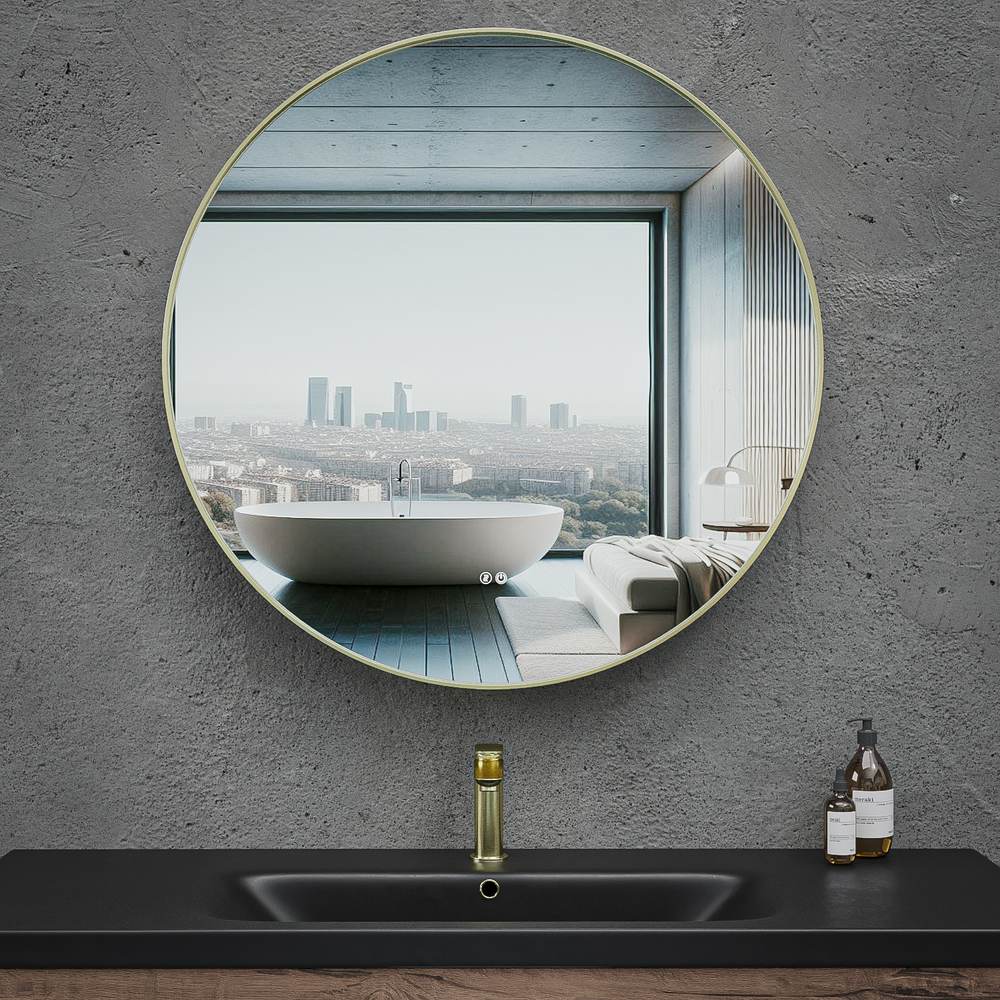Espejo de baño LUNA redondo con canto aluminio ORO Cepillado con luz LED ambiental - Imagen 3