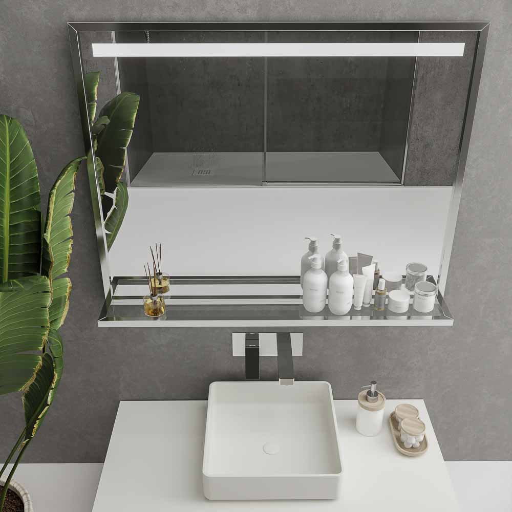Espejo de baño EVO con marco y estante aluminio varios acabados luz LED frontal - Imagen 5