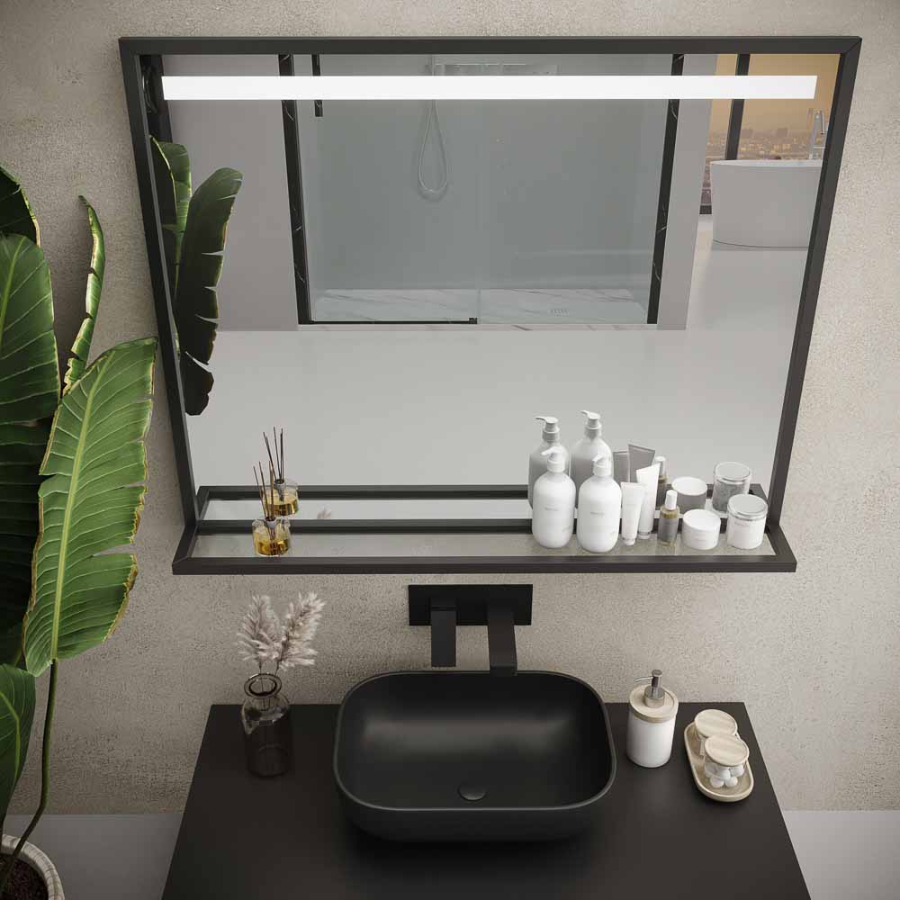 Espejo de baño EVO con marco y estante aluminio varios acabados luz LED frontal