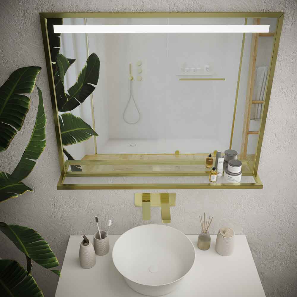 Espejo de baño EVO con marco y estante aluminio varios acabados luz LED frontal - Imagen 3
