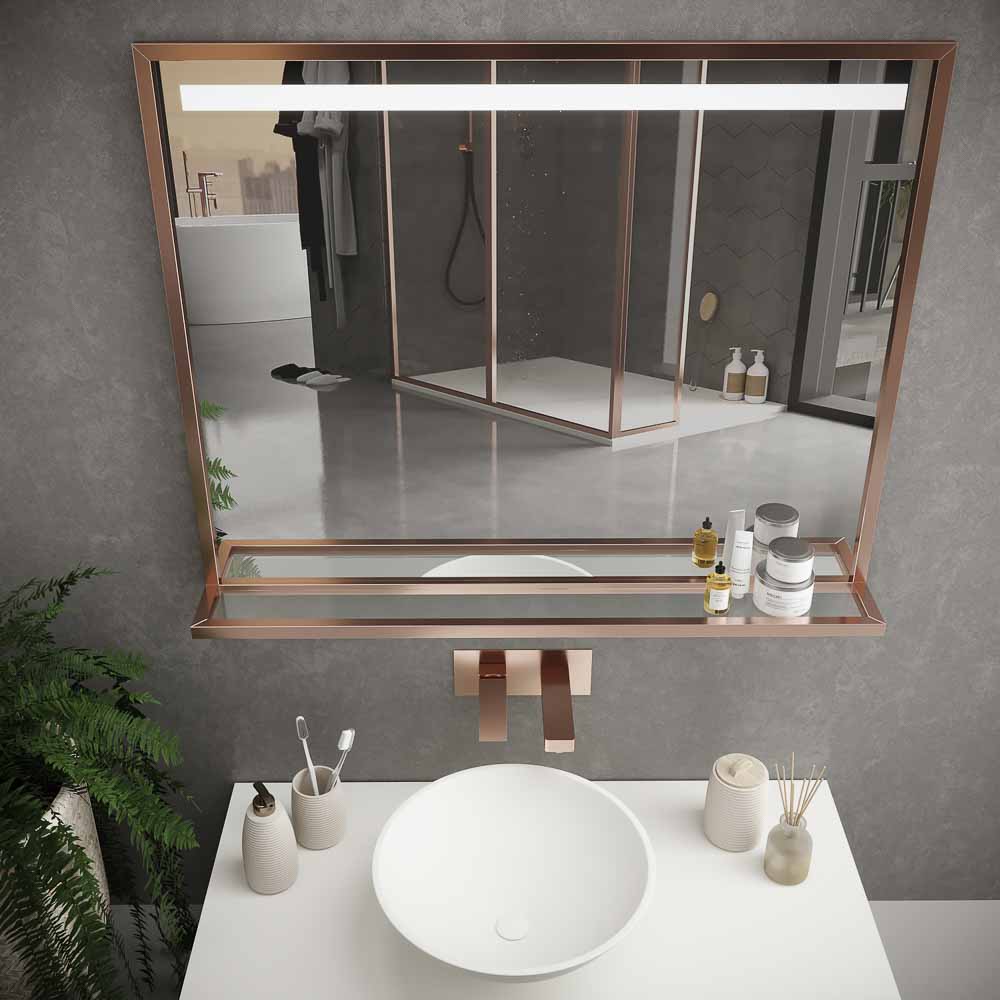 Espejo de baño EVO con marco y estante aluminio varios acabados luz LED frontal - Imagen 2