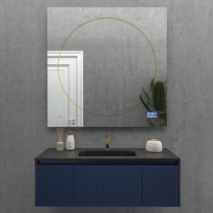 Espejo a medida KANT con luz led perimetral trasera con aro interior color oro o negro. Altavoces. Anti vaho. Espejo aumento. Reloj