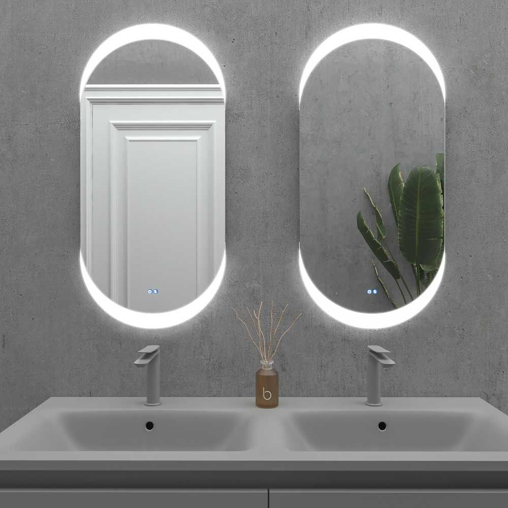 Espejo a medida LINE con luz led trasera perimetral arenado superior e inferior . Altavoces. Anti vaho. Espejo aumento. Reloj