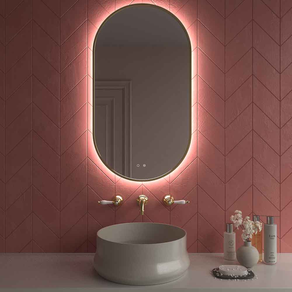 Espejo con luz eliptico MELANGE con borde perimetral ORO