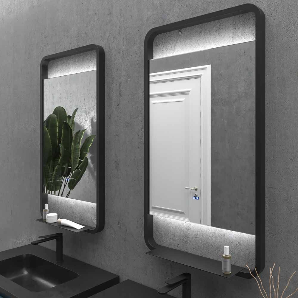 Espejo a medida SLIM con luz led trasera superior e inferior . Altavoces. Anti vaho. Espejo aumento. Reloj . Acabado NEGRO