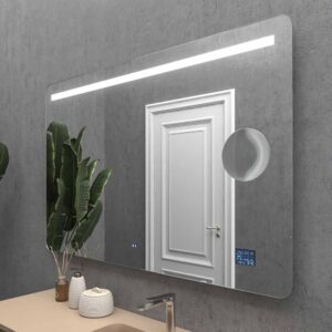 Espejo a medida OSAKA con luz led frontal superior canto redondo. Altavoces. Anti vaho. Espejo aumento. Reloj