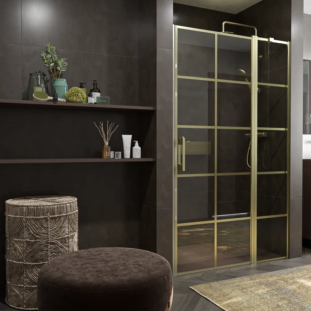 Mampara de ducha frontal OPEN 1 fijo - 1 puerta abatible serigrafia industrial NEGRO MATE - Imagen 4